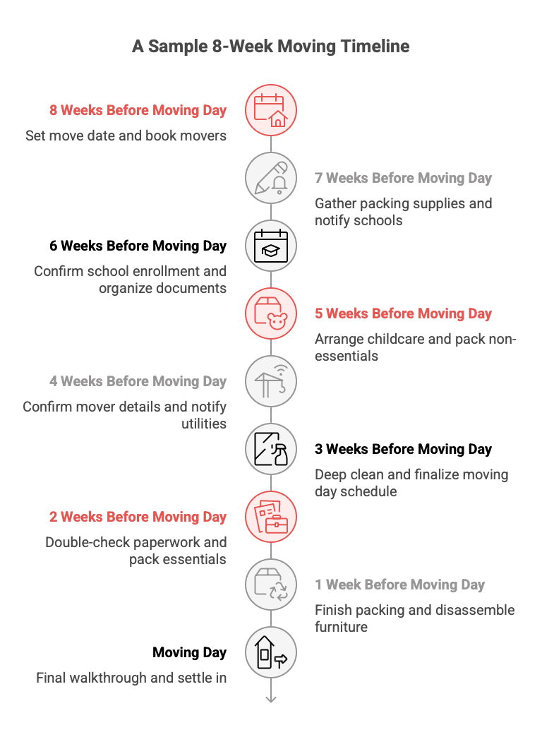 An infographic showing the timeline of moving with kids