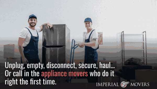 Two professional appliance movers standing by a refrigerator