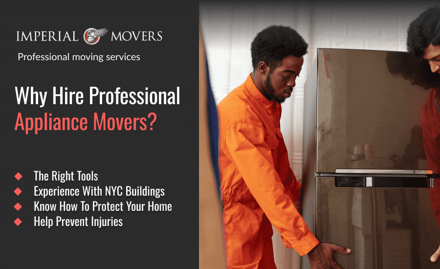Professional appliance movers preparing to move a refrigerator