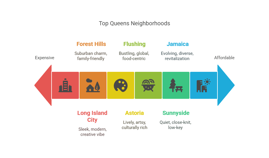 Infographic comparing Queens neighborhoods according to unique traits