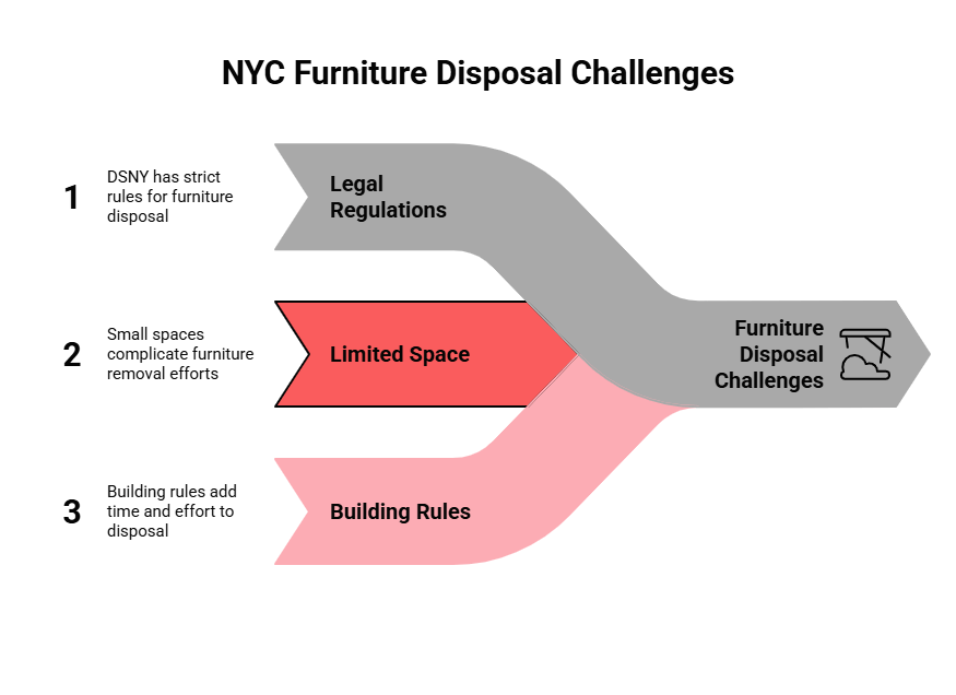 A custom image listing the challenges of furniture disposal in NYC