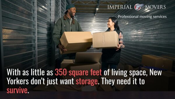 A custom image showing a couple in a storage unit and talking about limited apartment space in NYC